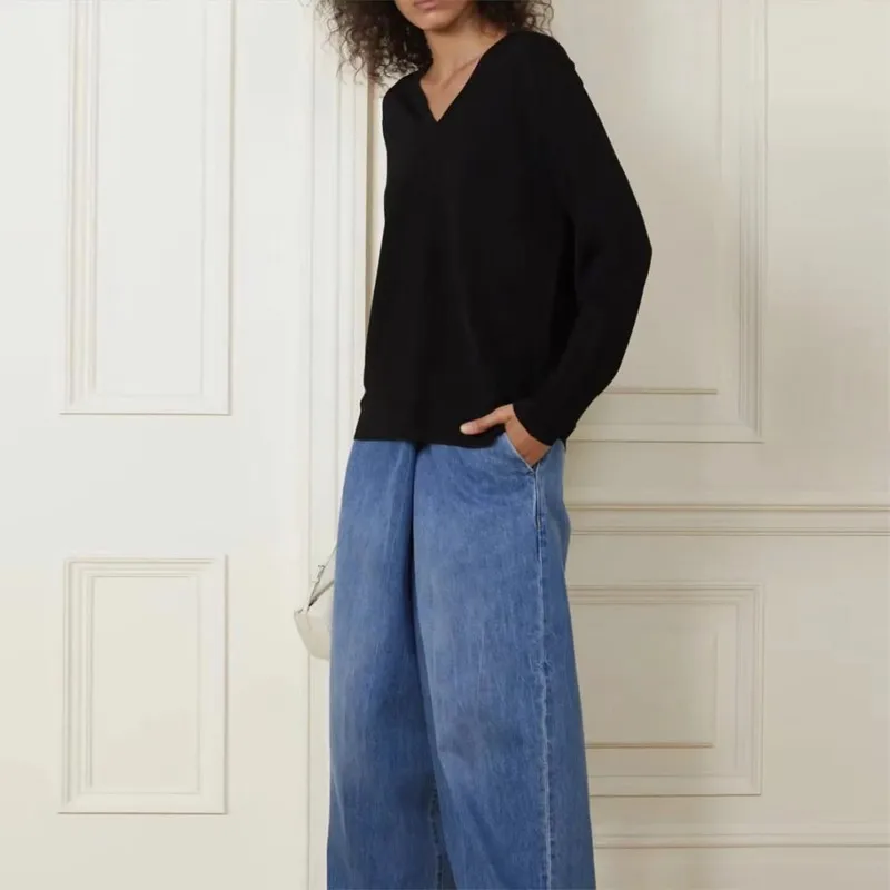 R0W Women\'s Jeans Spring and Autumn New Wash Blue Retro Loose Casual Pants Straight Barrel High Waist Wide Leg Pants