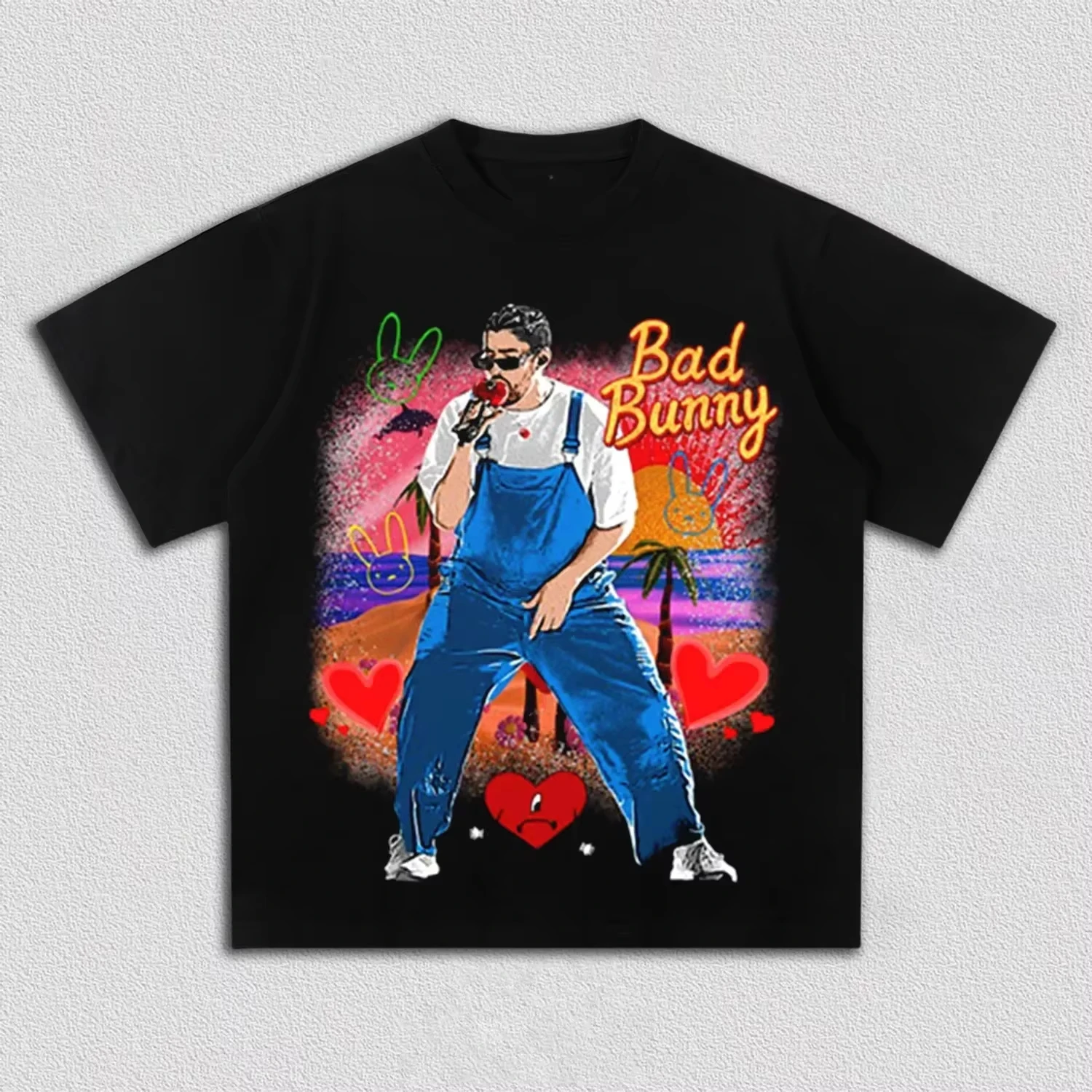 Unisex Oversized Streetwear T-Shirt, 2026 Bad Bunny World Tour Tee Decorated with Rabbit and Heart Prints Women And Men T-shirt