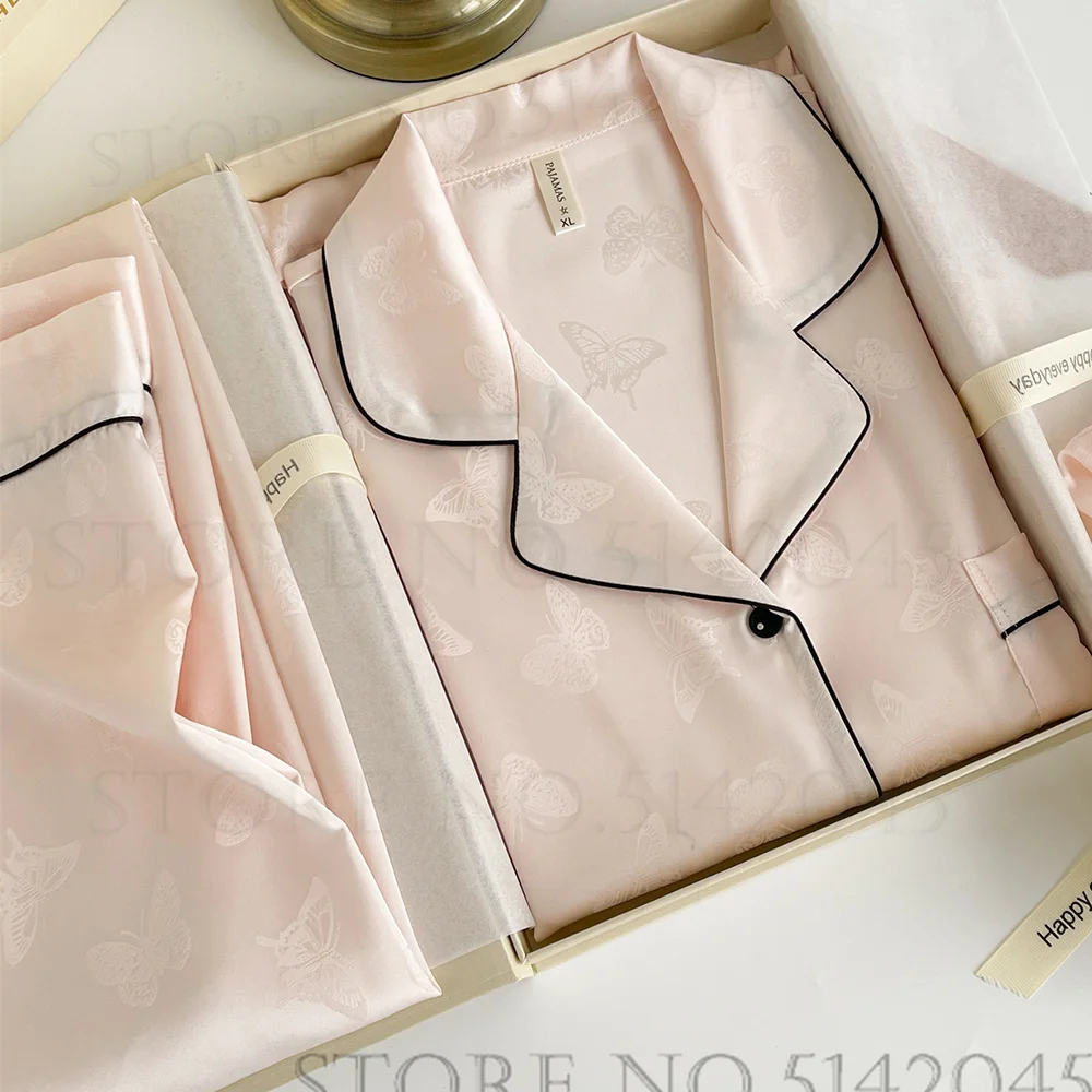 Summer Short Sleeve Pajamas Set Trouser Suits Women Sleepwear Elegant Pink Jacquard Butterfly Pyjama Pour Femme Satin Homewear