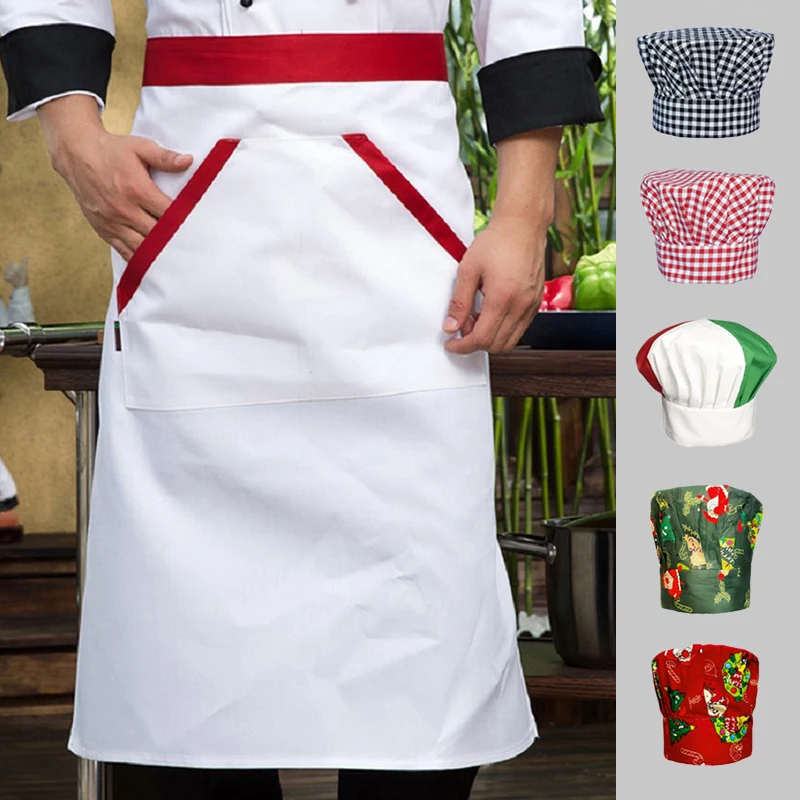 Professional Chef Apron Catering Cap Hotel Cook  Pinafore Restaurant Kitchen Work Aprons Bakery Cafe Waiter Print Mushroom Hat