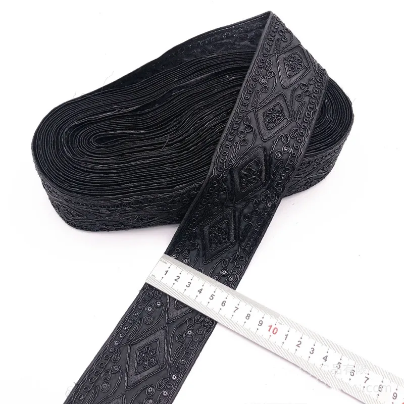 Black Lace Trim Ribbon Ethnic Clothing Embroidery Sequin Fabric Webbing Garment Accessories 1Yards