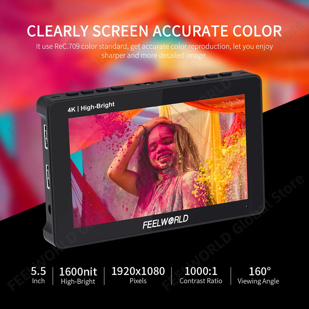 FEELWORLD F5 Prox 5.5 Inch 1600nit Camera Monitor Touchscreen Waveform 3D LUT F970 External Kit Install 1920x1080 4K HDMI In Out