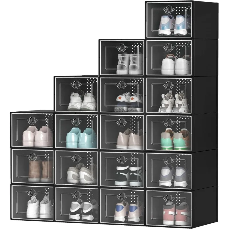 

X-Large 18 Pack Shoe Boxes Fit up to US Size 15, Stackable Shoe Storage Organizer for Closet, Clear Plastic Shoe Rack Sneaker