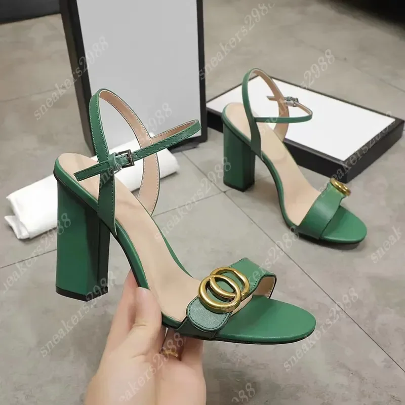 

Designer High Heels Sandals Luxury Leather Party Fashion Metal Double Button High Heels Summer Sexy Open toed Women Thick Heel D