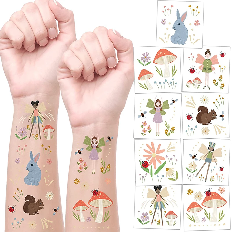 

Woodland Mushroom Rabit Squirrels Flower Fairy Animal Temporary Tattoo Stickers For Girl Birthday Baby Shower Forest Party Favor