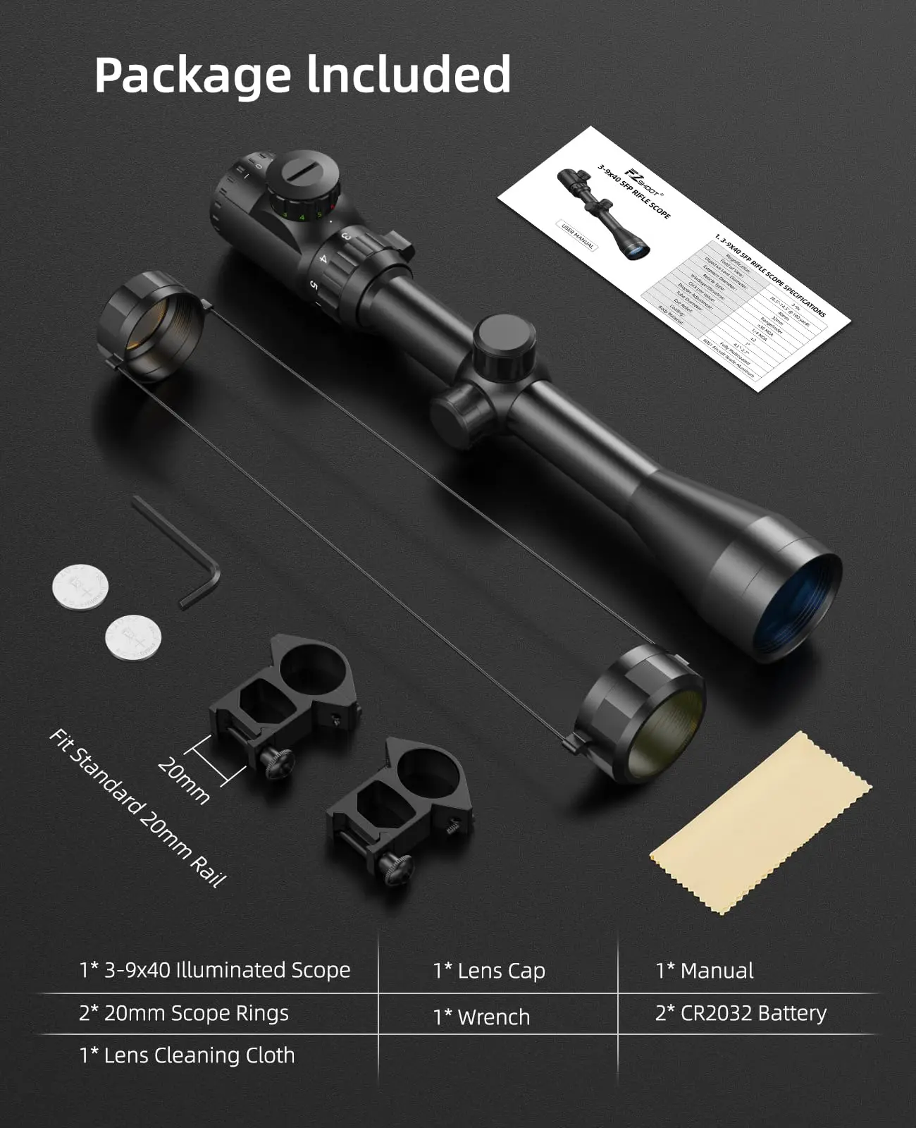 

EZshoot 3-9x40 Scope Red Green Illuminated Scope With 20mm Scope Mounts Crosshair Reticle
