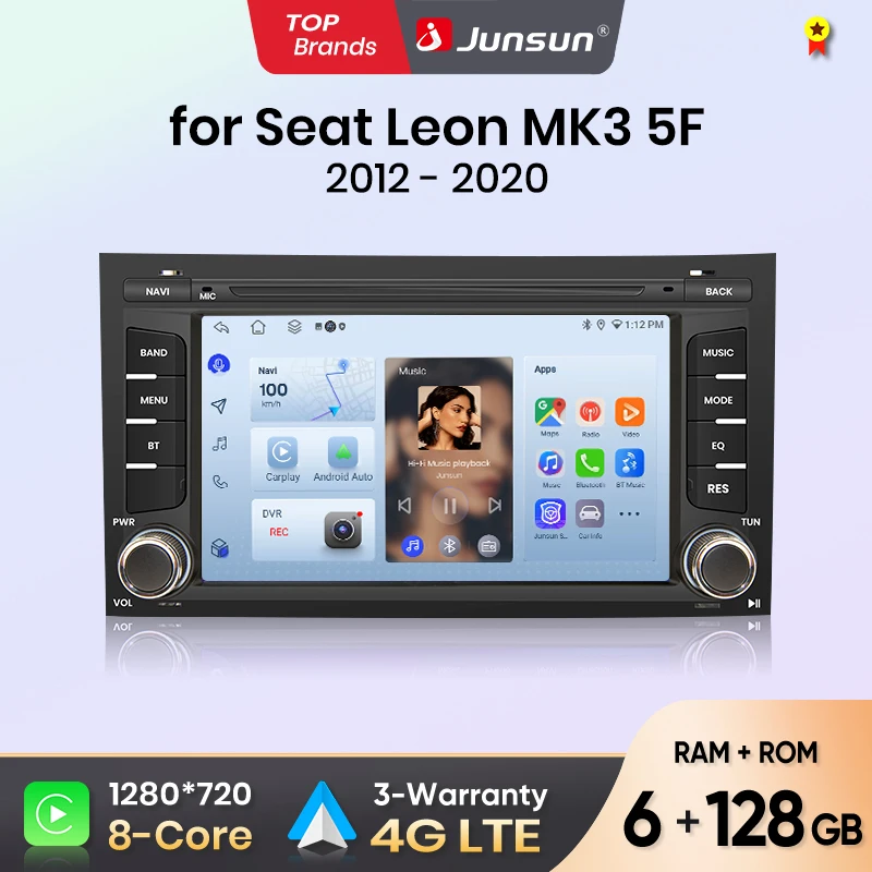 Autoradio Junsun 7 Pollici per Seat Leon MK3 5F 2012-2020 con CarPlay, Android Auto, FM, RDS, DSP, BT, GPS, Navigazione, SWC, Schermo Touch HD IPS, Plug & Play, Lettore Multimediale, Chiamate
