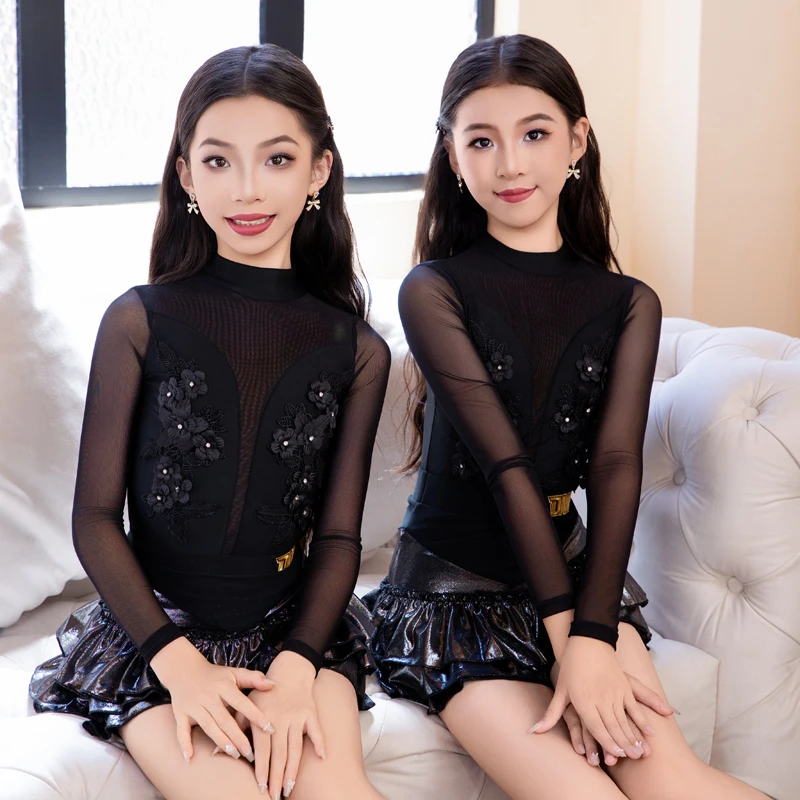 黒長袖ラテンダンス服女の子チャチャラテンダンス衣装子供サンバサルサ社交ダンスドレス SL14580