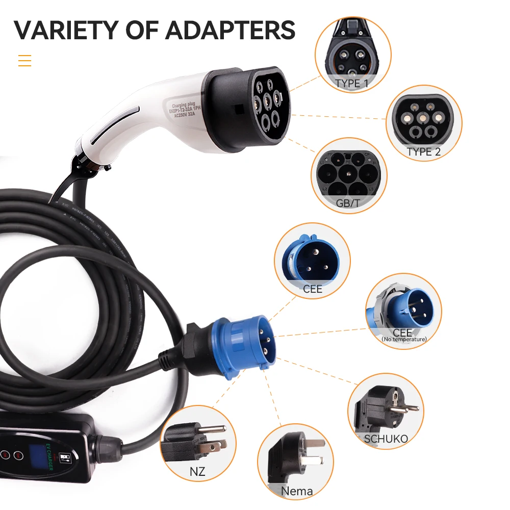 ETEC Protable Charger 1PH 16A/32A 3.7KW With Type 2 Plug & 4 Meters Charging Cable+CEE power Plug&1Meter power Cable