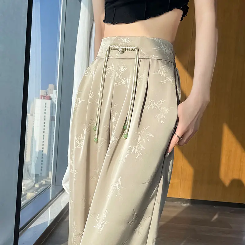 New Chinese-Style Traditional Knot-Button Satin Wide-Leg Pants For Women, Spring-Summer New Model, High-, Slimming,