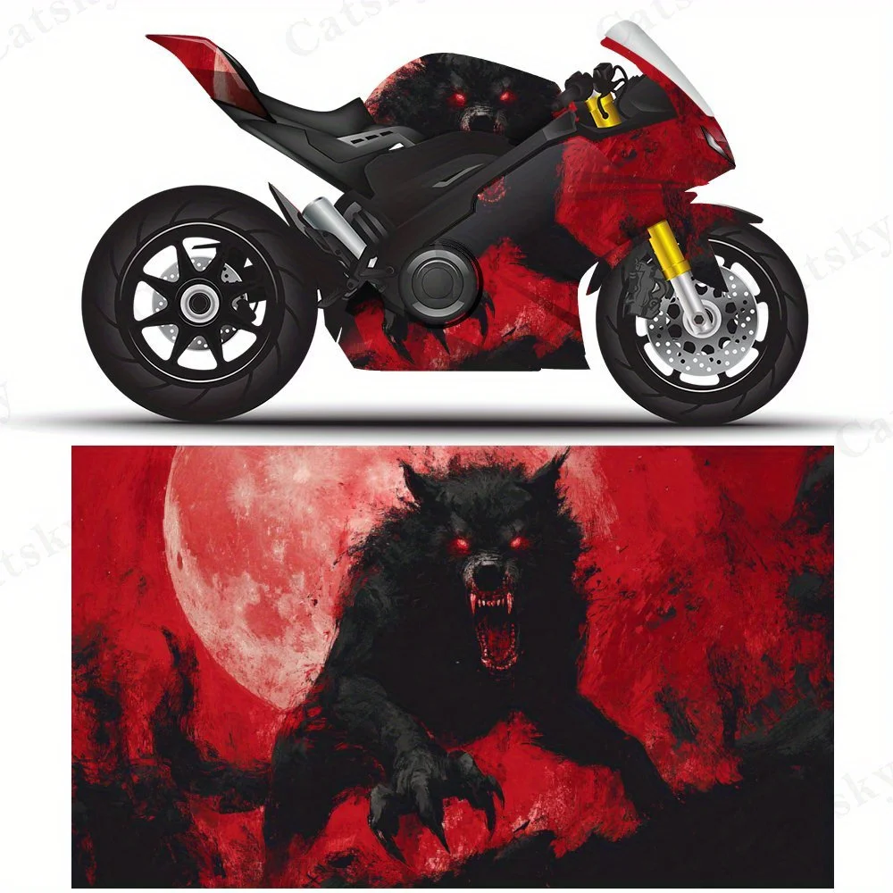 Blood Moon Werewolf Horror Motorcycle Film Stickers, Durable PVC Adhesive Decals for Motorcycle Customization, Weather-Resistant