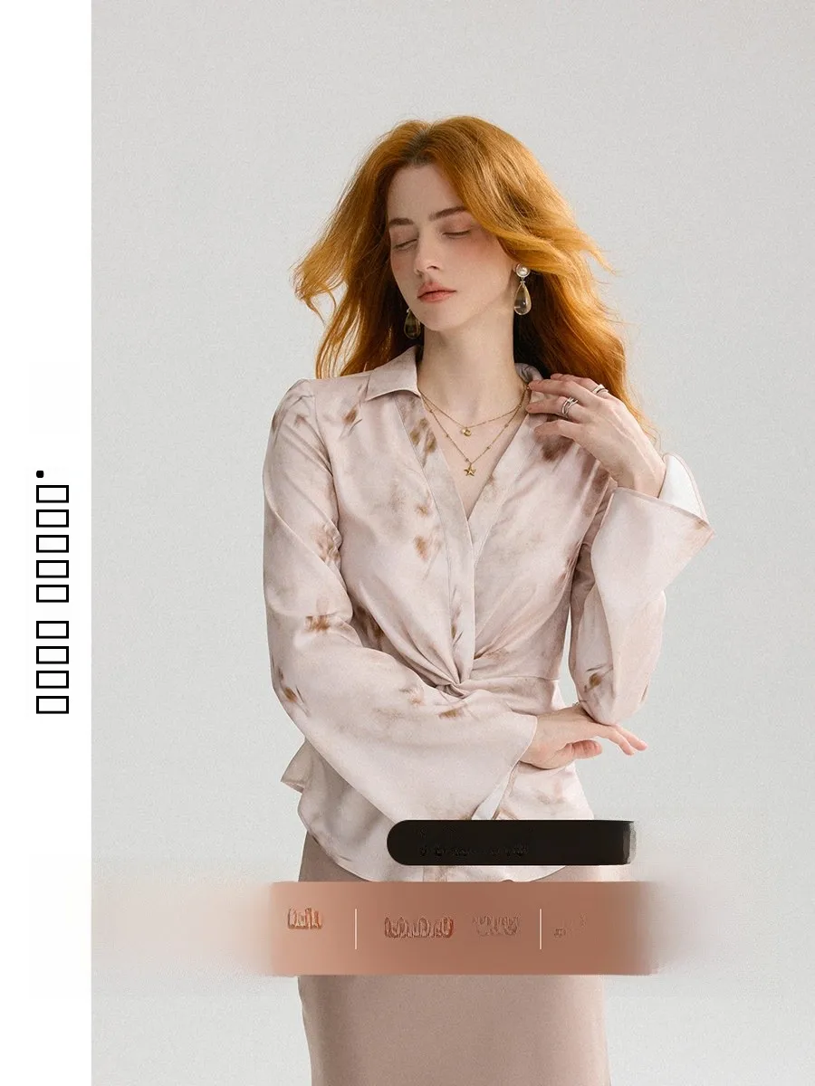 

Женская базовая рубашка с длинным рукавом и V-образным вырезом в стиле ретро с цветочным узором, подчеркивающая талию, без особых функций