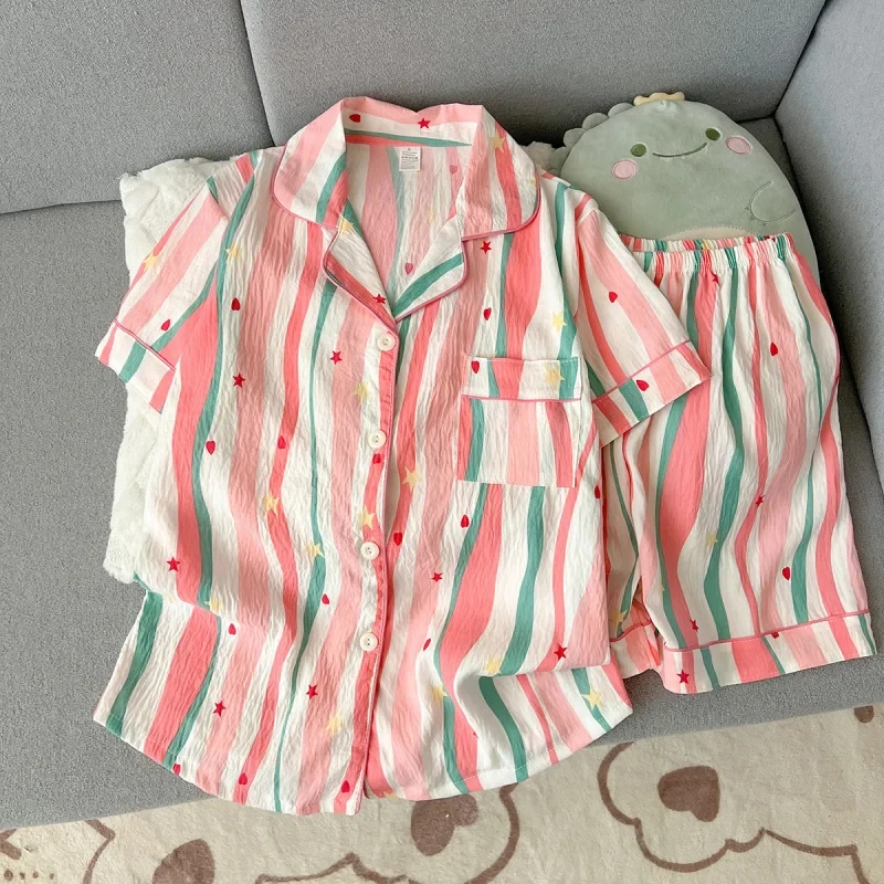 

Women Summer Lapel Open Front Pajama Set Short Sleeve Top Shorts, Sweet Ins Teen Loungewear, Casual Daily Outdoor Home Wear Suit