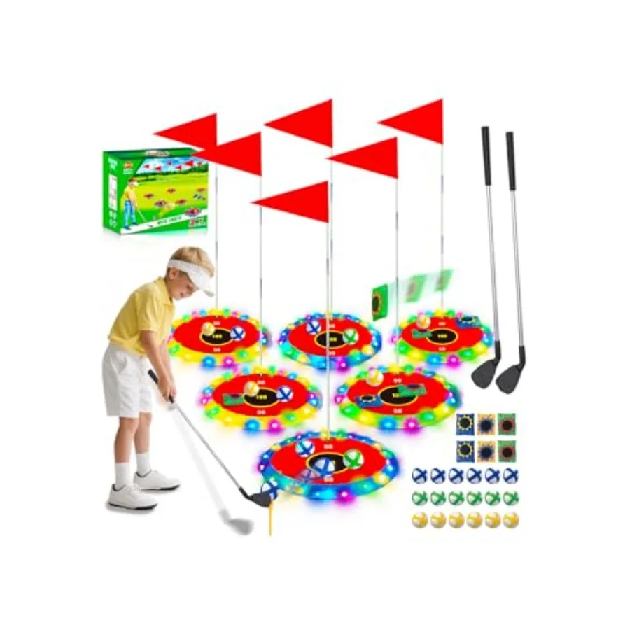 2-in-1 Light up Golf for - Golf Chipping Game Bean Bag Toss with 6 LED Targets 2 Clubs 18 Balls Night Golf Play for Indoor Outd