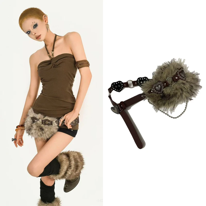 Fur-trimmed belt, Women sparkly fur belt, new Y2K style, versatile pin buckle eyelet belt, sexy girl belt