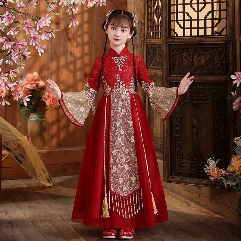 

Girl Autumn Winter New Embroidery Cloak Hanfu Retro Chinese Style Princess Cape Antique Children New Year Greeting Mantle Dress