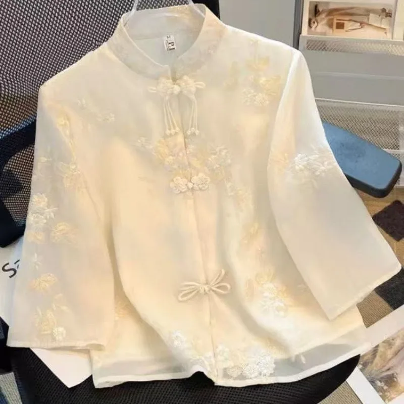 

Chinese Style Embroidery Blouses Early Autumn Loose Shirt Women Vintage Beading Three Quarter Sleeve Tops Mujer Shirts & Blouses