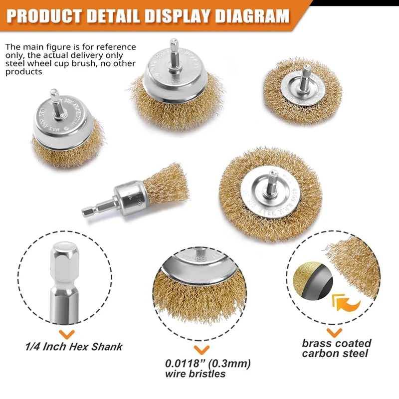 Wire Wheel Cup Brush For Drill, 9 Pack Carbon Steel Bristles Wire Brush Set Coarse Crimped Abrasive Brass Coated Brushes