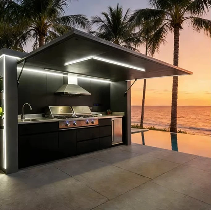 FOODLINE Modern Outdoor Kitchen Island With LED Strip Ready Cabinet For Night BBQ Gathering