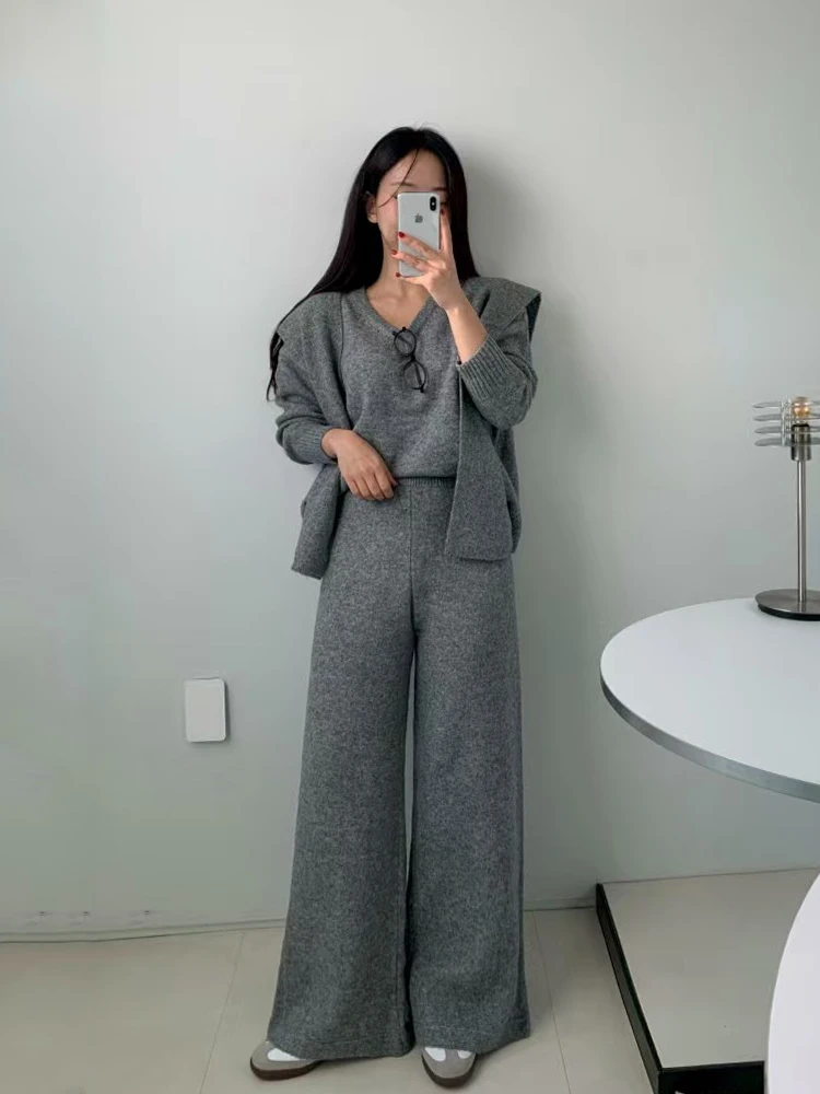 Chic Autumn Winter Soft Cozy V-Neck Sweater High Waist Drapey Casual Pants Scarf Three Piece Set for Women Loose Fit French S...