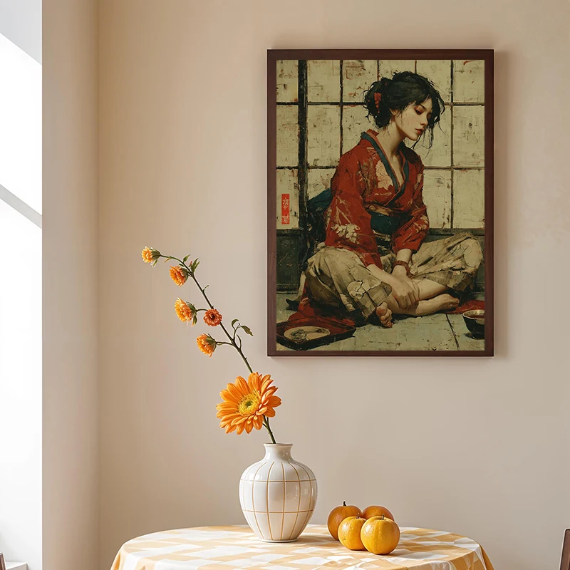 Vintage Japanese Geisha Lantern Poster Man in Kimono Bonsai Tree Woodblock Style Canvas Painting for Living Room Home Decor