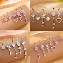 Pink Crystal CZs Big Heart-Knot Series Belly Button Ring Sets Jewelry for Women 14G Stainless Curved Butterfly Navel Piercings