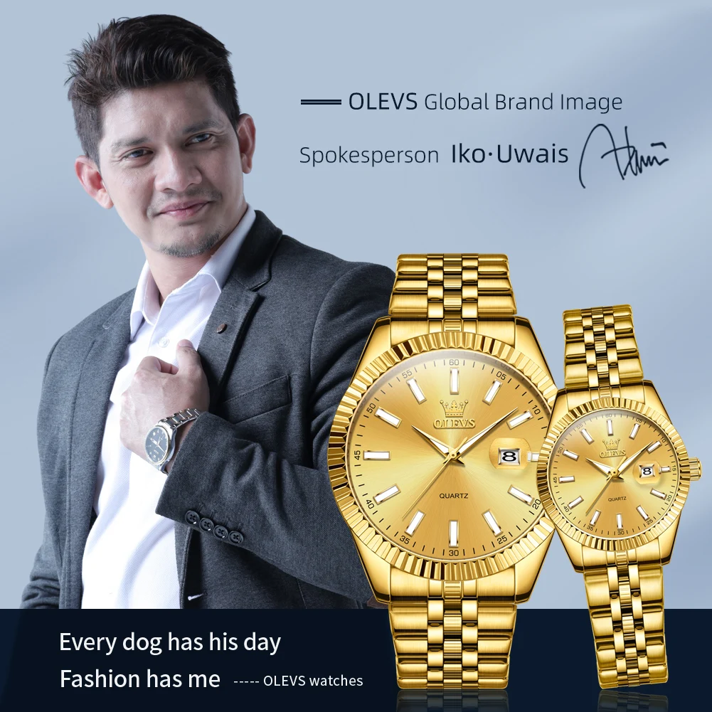 OLEVS Couple Watch Gold Stainless Steel Strap Quartz Watch His and Her Calendar Romantic Lover Original Luxury Male and Female