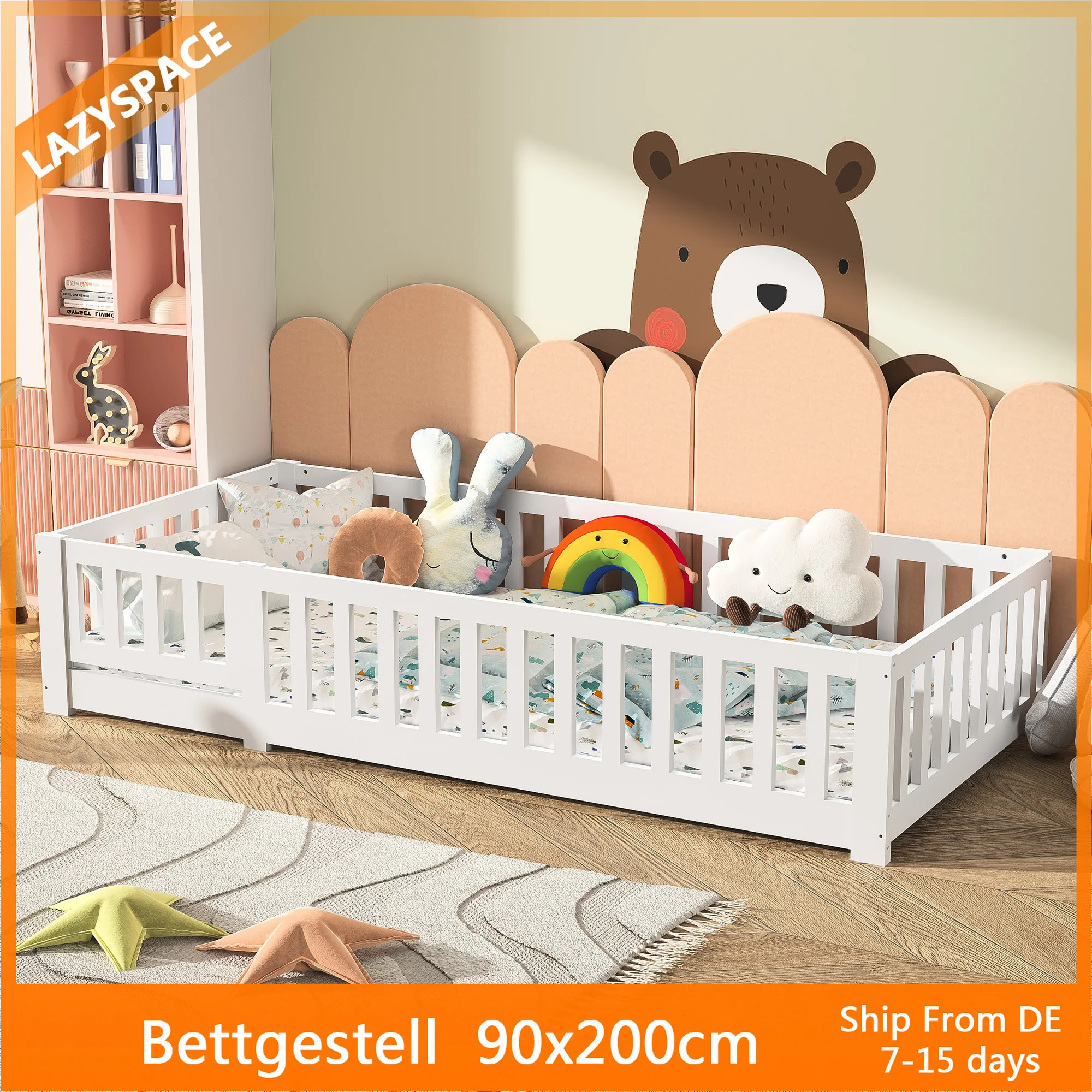 Lit enfant Comanlai avec protection contre les chutes, comprend sommier à lattes, lit de sol pour garçons et filles, bois de pin massif, blanc
