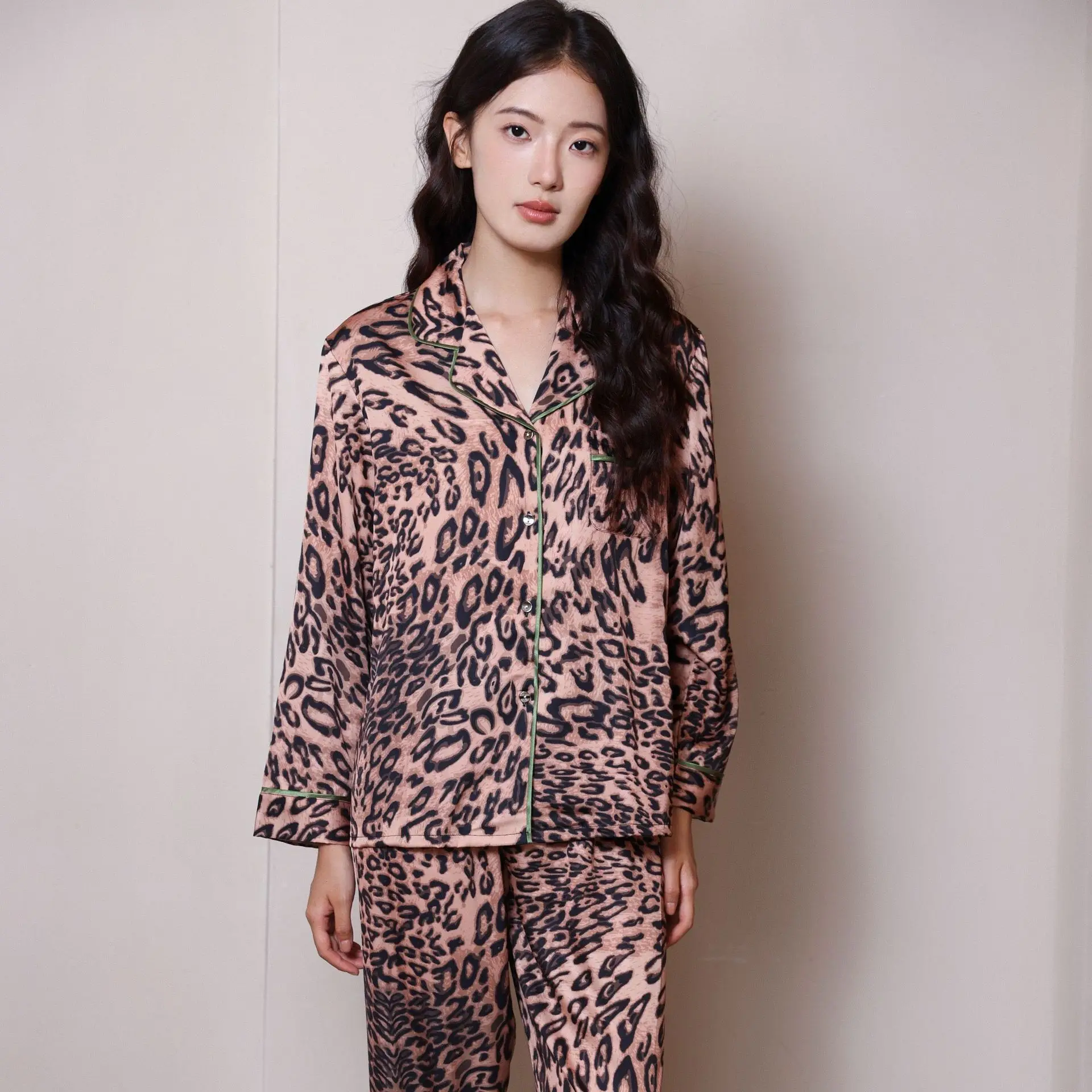 Women Leopard Print Satin Pajama Casual Sleepwear Home Clothes Suit Long Sleeve Top Pants Nightwear Loungewear Pyjama Femme