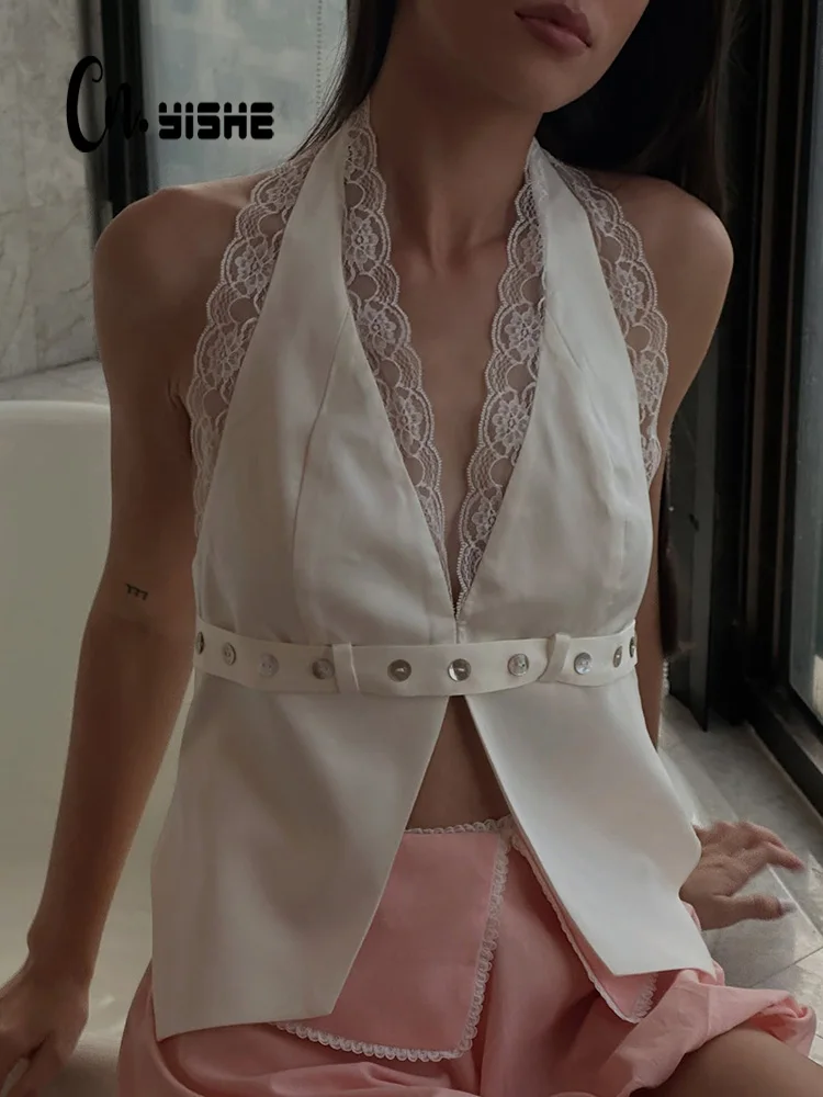 

CNYISHE Lace Patchwork Belts V Neck Women Tops Halter Sleeveless Backless Sheath Fashion T-Shirts Solid Sexy Club Chic Casual