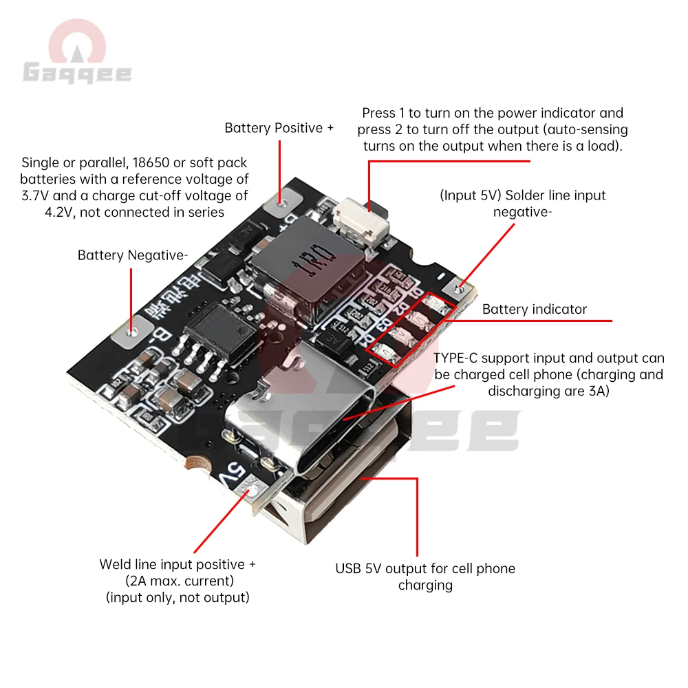 5V3A بطارية ليثيوم شحن وتفريغ وحدة متكاملة Type-C USB لوحة الطاقة شحن تفريغ وحدة الحماية