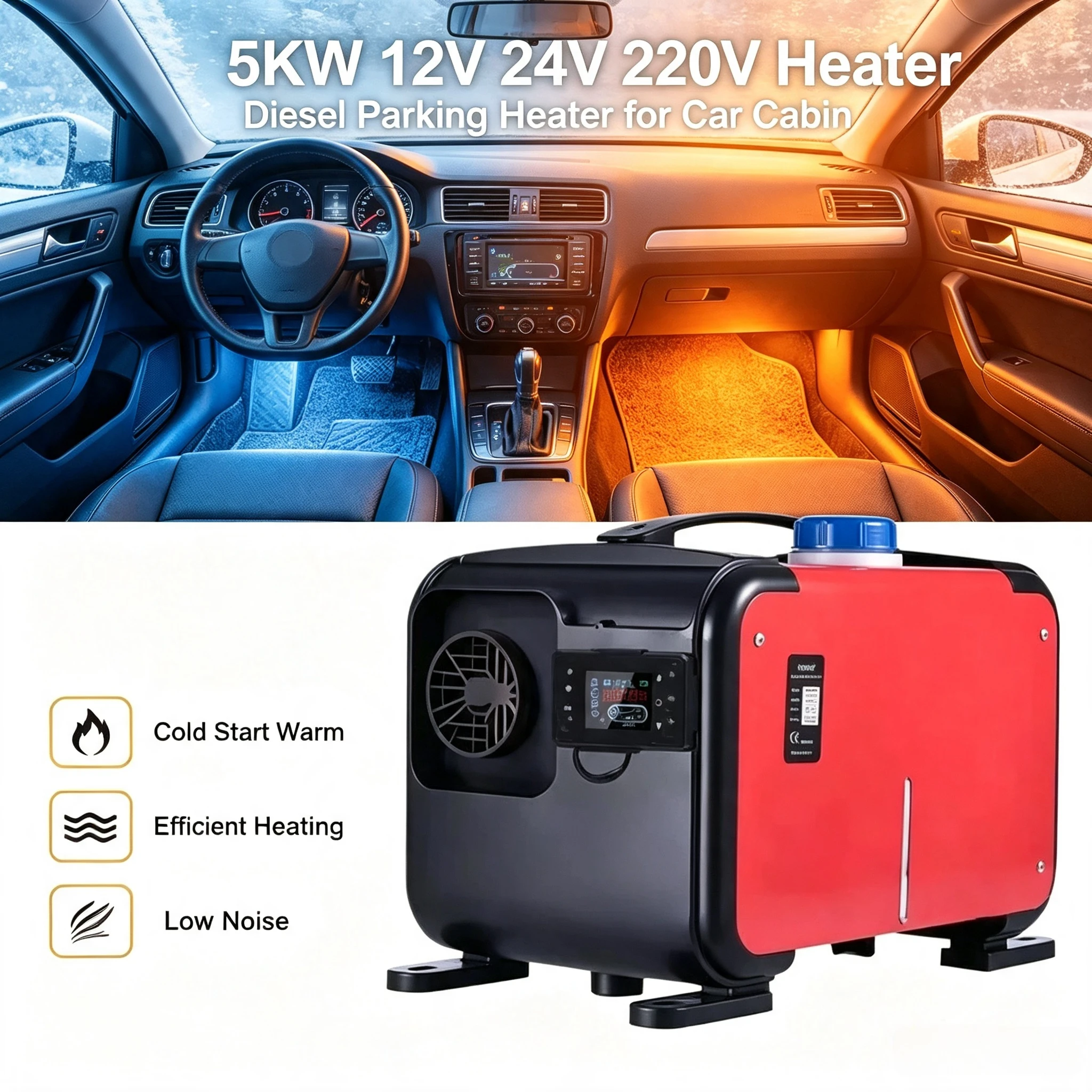 Engine Preheater 5KW 3 in 1 Car Diesel Parking Heater 12V 24V 220V Auxiliary Air Heater LCD Remote Control for Truck Van RV Boat