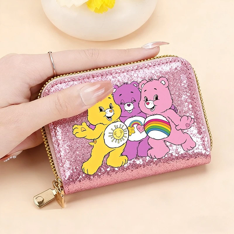 Kawaii Care Bears محافظ النساء بريق الترتر محافظ موضة حقيبة المال محفظة للعملة الائتمان حامل بطاقة متعددة أكياس هدية #1