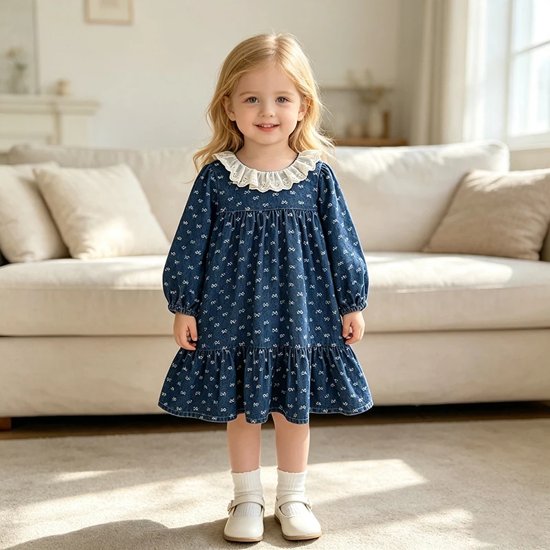 2026 2-6Yrs Baby Girls Long Sleeve Dark Denim Dress Lace Frill Collar Bow Print Ruffle Hem Daily Wear Spring Fall Clothing