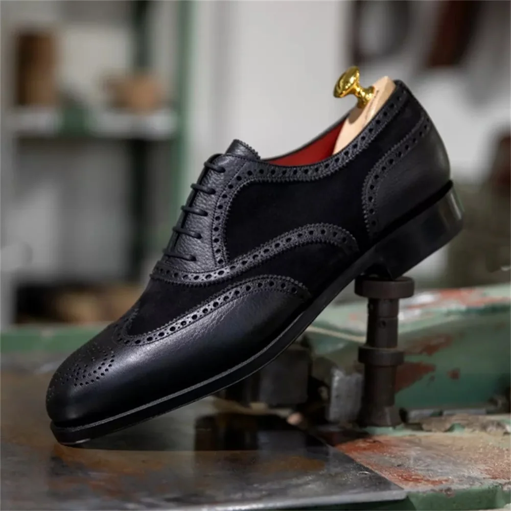 

Leather Lace Up Black Dual Textured Oxford Shoes Men Luxury Round Toe Patchwork Elegant Business Formal Wedding Dress Shoes