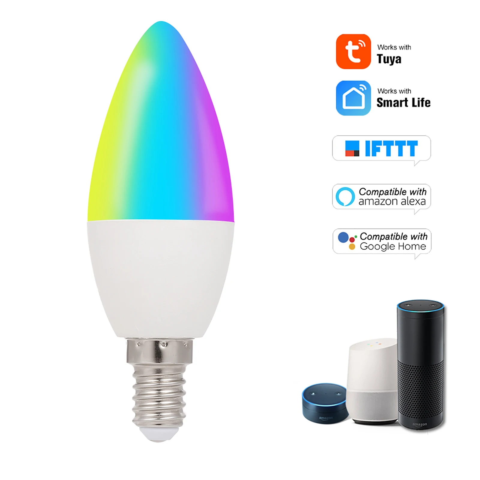 WiFi Smart Bulb RGB+W+C LED Candle Bulb 5W E14 Dimmable Light Phone APP SmartLife/Tuya Remote Control Compatible with Alexa  Hom