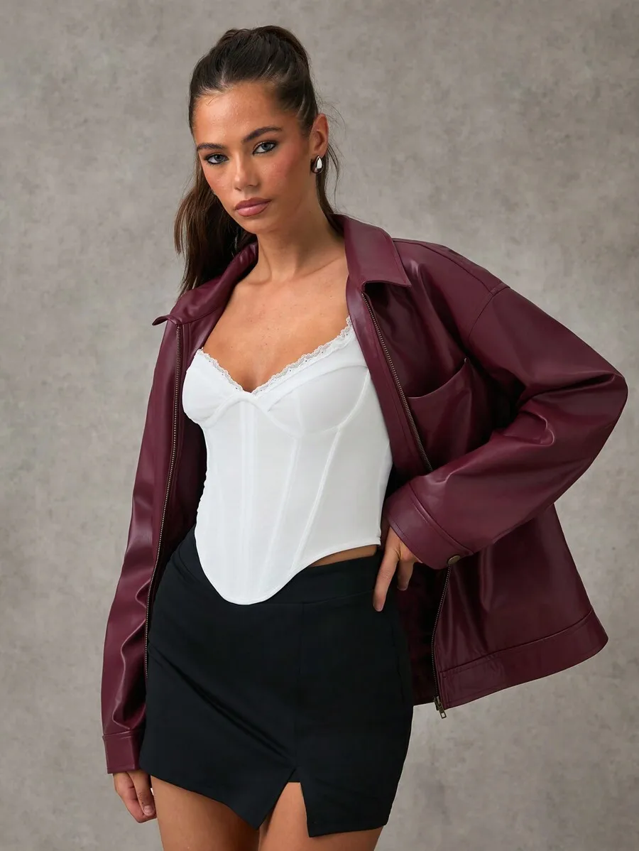 

Women's Burgundy Faux Leather Zipper Jacket with Belted Hem and Distressed Detail