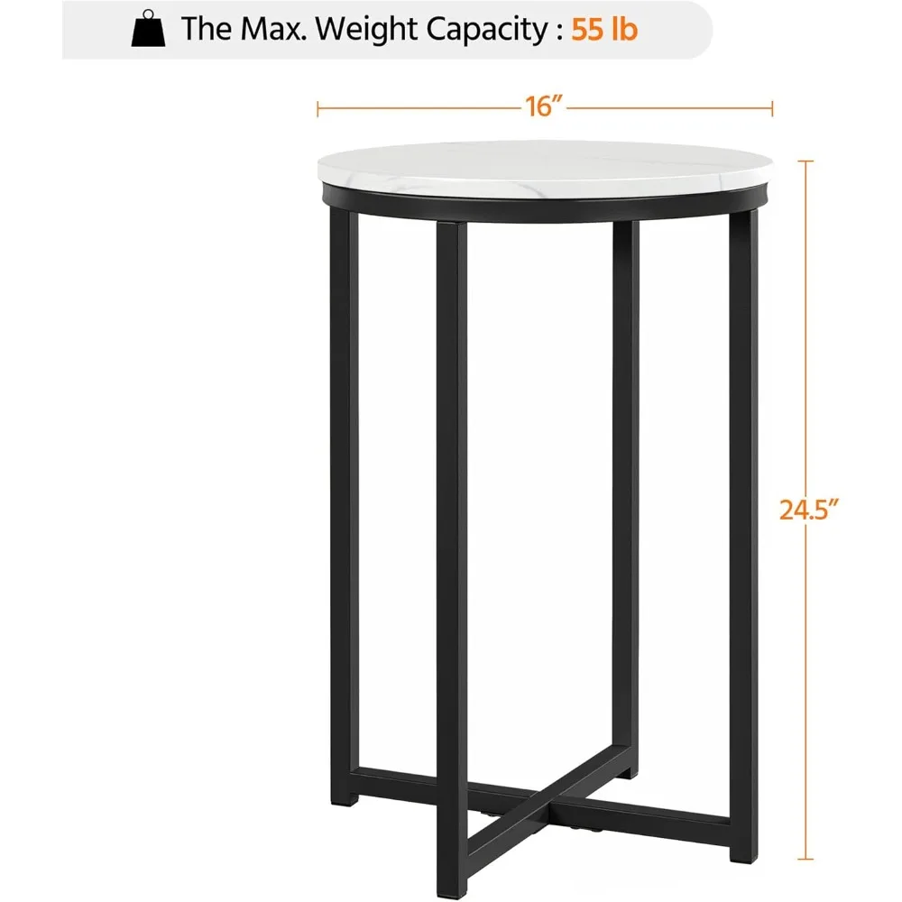 Mesa moderna com detalhes em mármore falso, mesa lateral redonda de 16 polegadas com base X e pernas de metal resistentes para sala de estar
