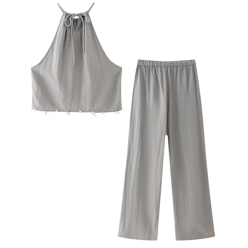 ZHUISHU 2024 Summer Women Fashion Suits Grey Solid Halter Neck Camis Top + Drawstring Female Straight Wide Leg Long Pant