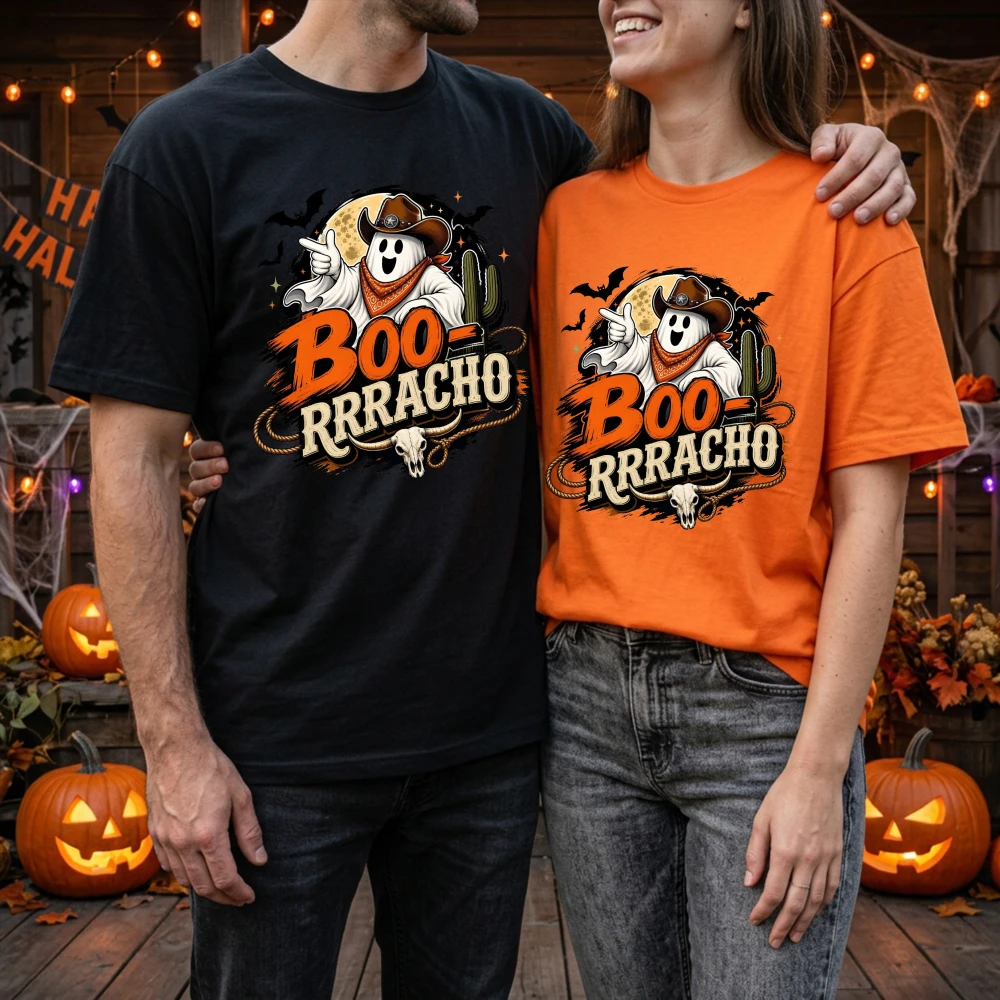 Boo R R A C H O Halloween T Shirt Unisex Cotton Western Cowboy Ghost Graphic Tees Short Sleeve Loose Couple Party Clothing