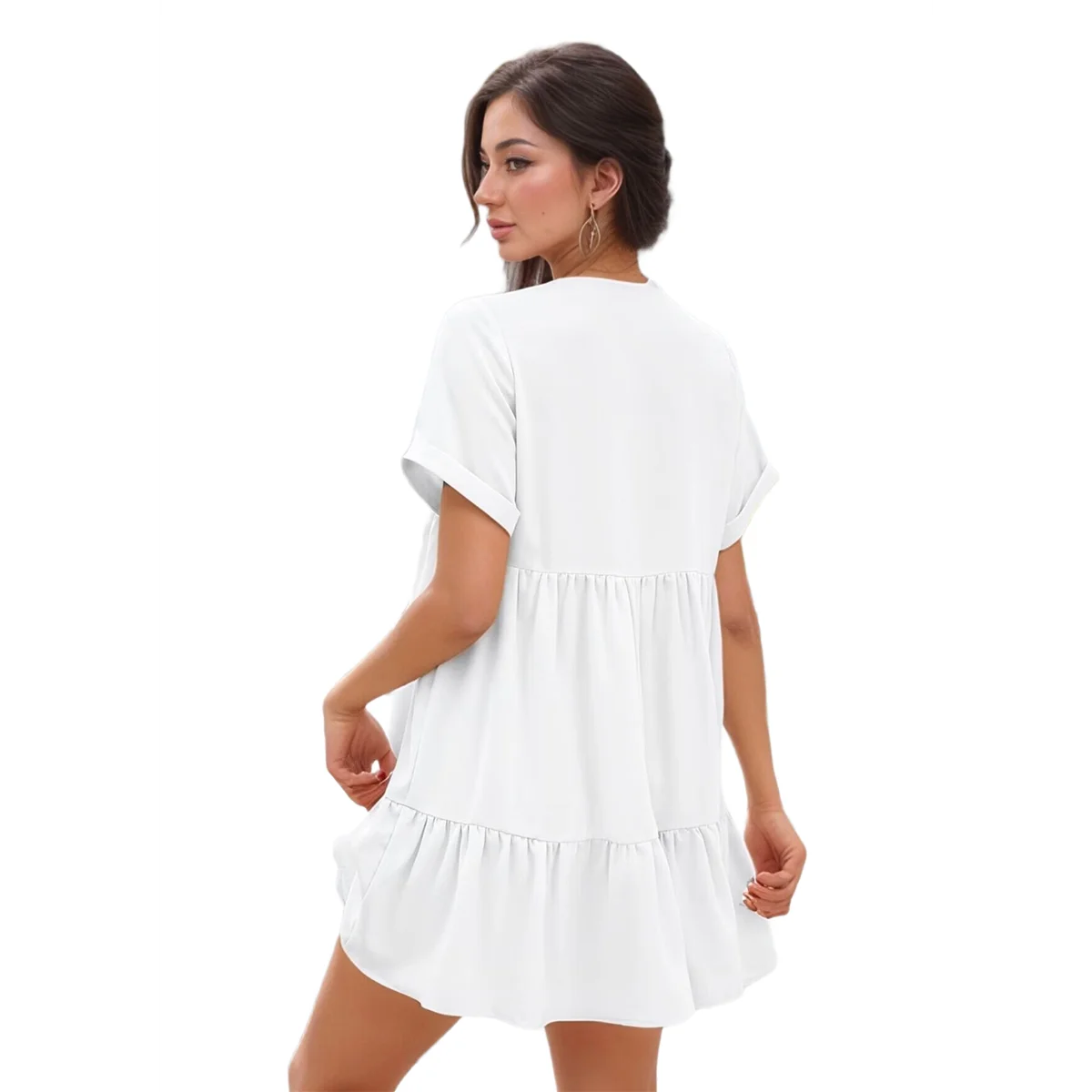 สตรีแขนสั้น V คอ Ruffle Hem Solid Swing Smock ชุดลําลองหลวม Fit ชุดมินิฤดูร้อน Beach Wear
