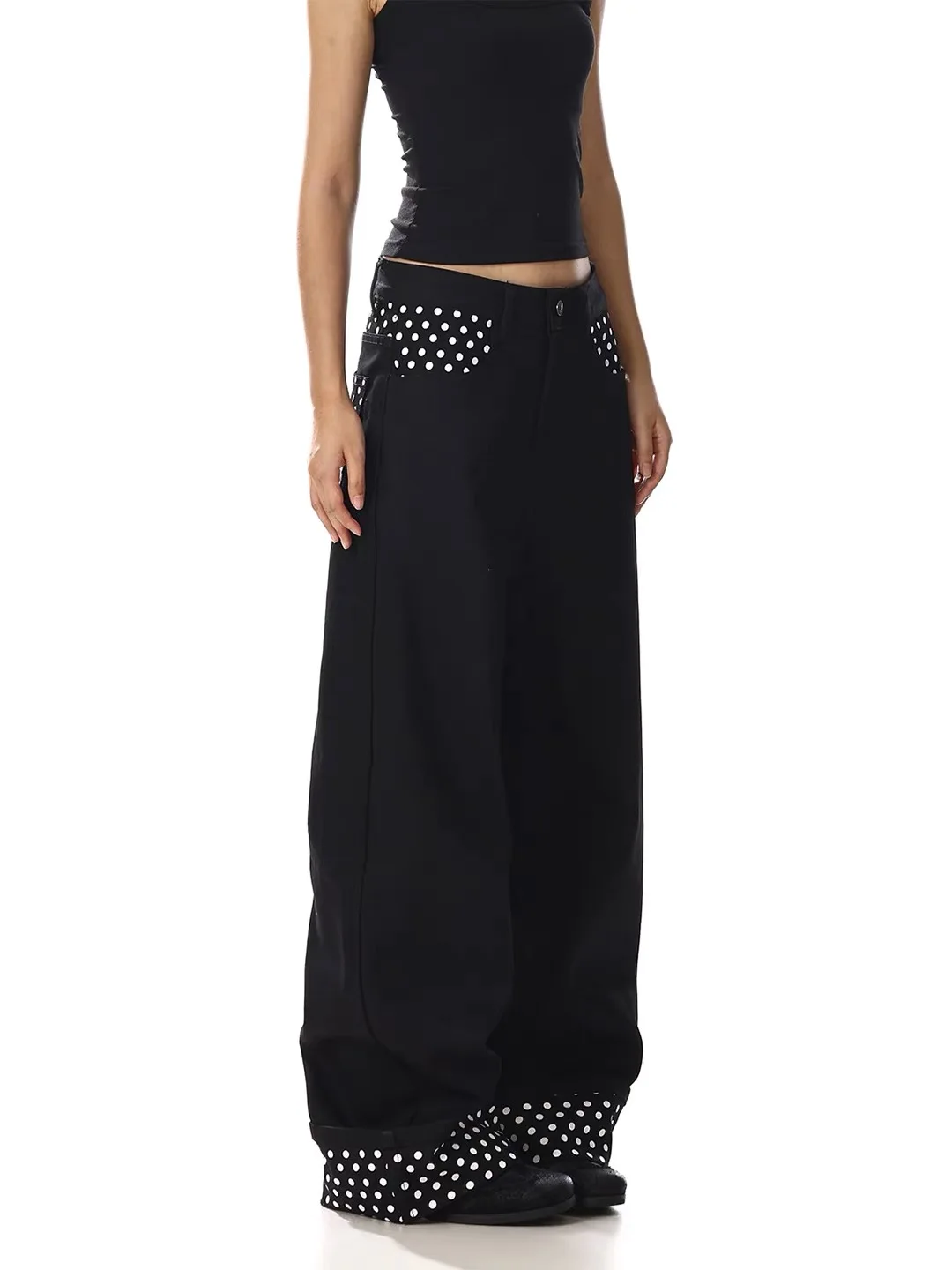 American Style Polka Dot Black Wide Leg Casual Pants Women's Autumn 2026 New Hip Hop Cuffed Patchwork Knife  Floor Length...