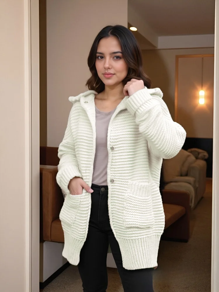 

Осень-зима, новый однотонный кардиган, элегантный свитер с капюшоном и длинными рукавами и карманами, повседневная женская свободная верхняя одежда, топы