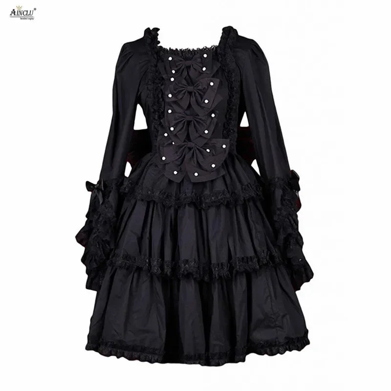 A-line Lolita Party Dress Ainclu Womens XS-XXL Black Cotton Square Neck Bow Decoration Long Sleeves Sweet Gothic Lolita Dress