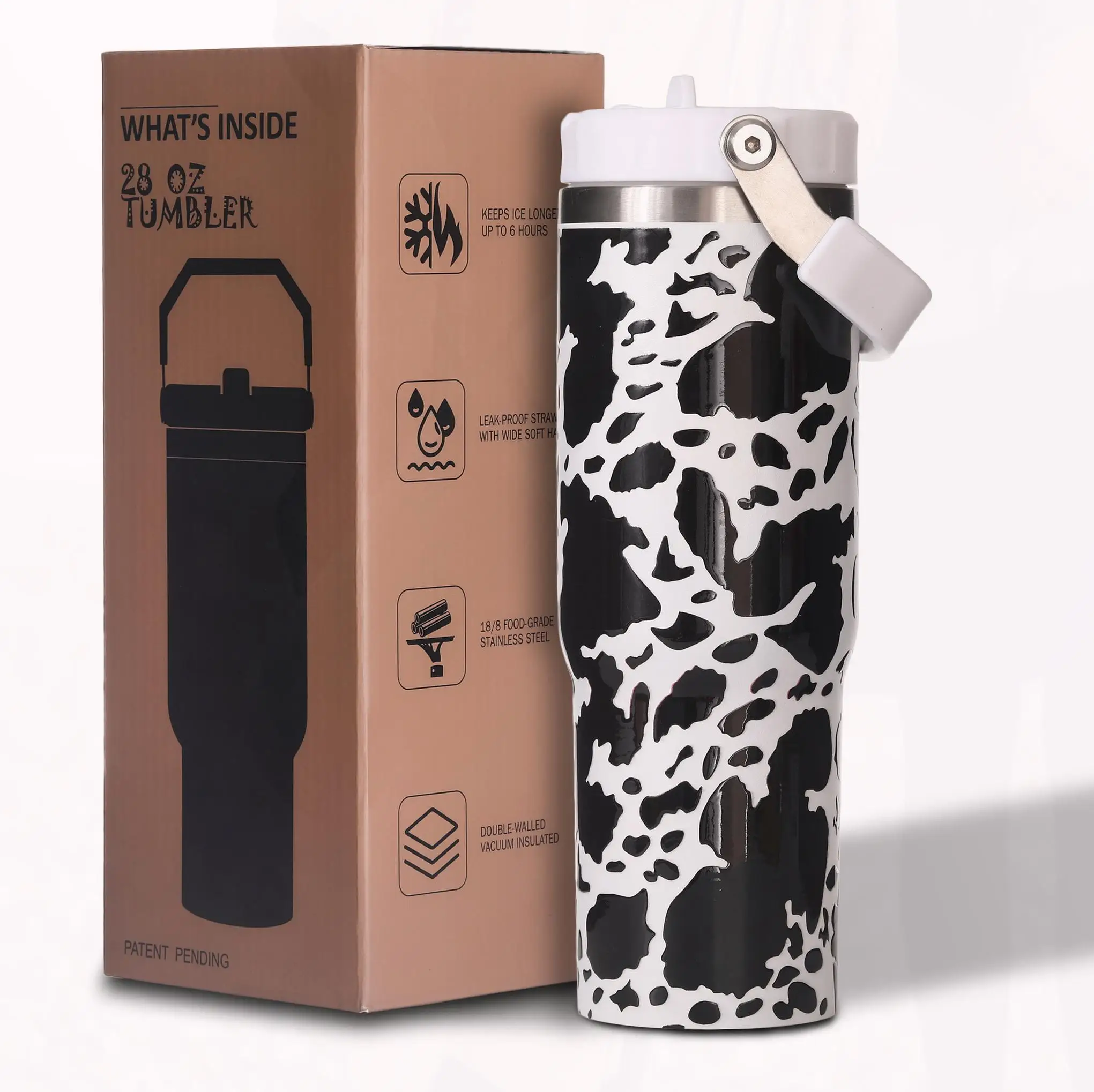 

30oz Cow Print Stainless Steel Tumbler with Vacuum Insulation, Leakproof Lid, Wide Mouth, Anti-Slip Base, Gift for Women