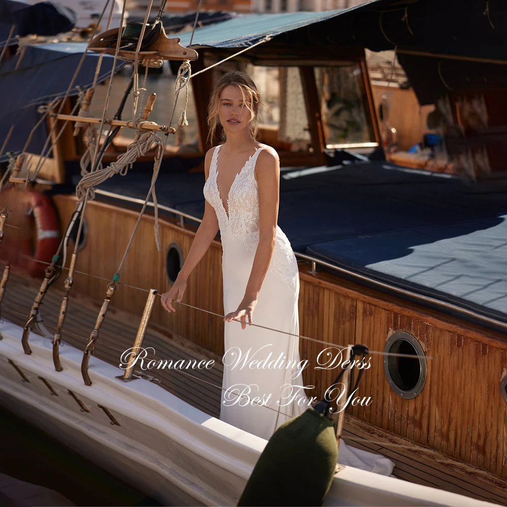 Vestido De Novia De sirena De encaje elegante, apliques con cuello en V, tirantes finos, Espalda descubierta, sin mangas, personalizado