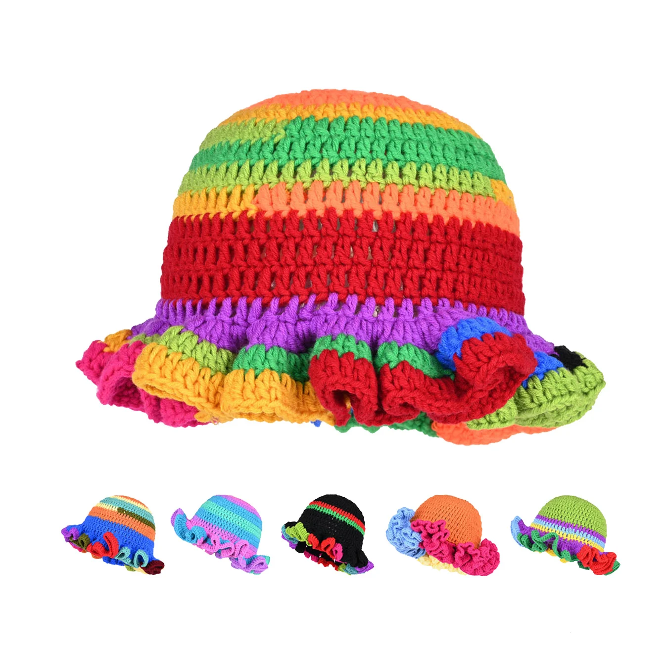 Handgestrickte bunte Spitzenstrickmütze, Rüschengarnmütze, modische Fischermütze im Patchwork-Design, warm, kältebeständig, winddicht, ohrenschützendes Design, geeignet für Frauen, süßer und süßer