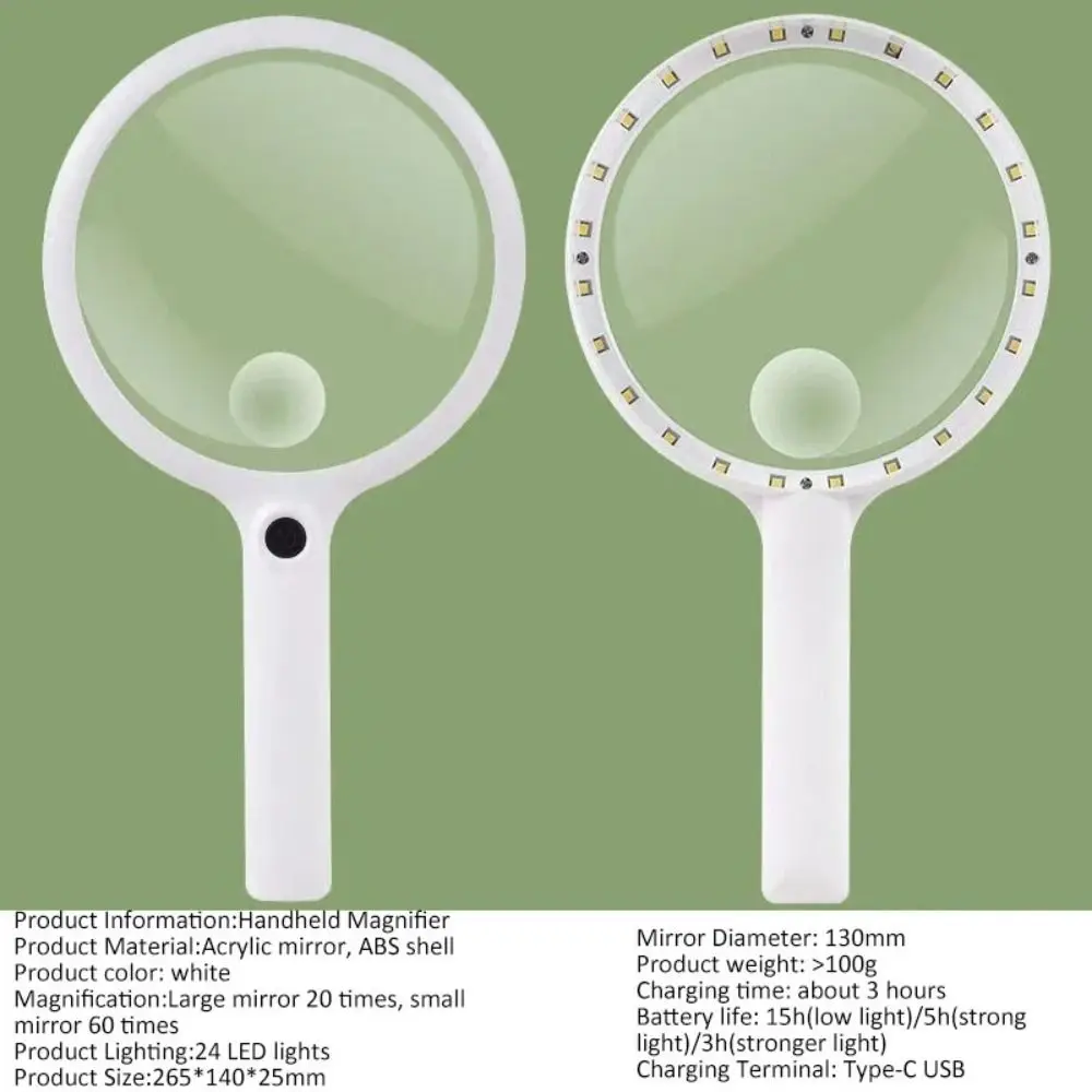 Compact Durable Reading Glasses Rechargeable 40/30/20X Magnifying Glasses 3 Light Modes Illuminated Handheld Microscope Repair