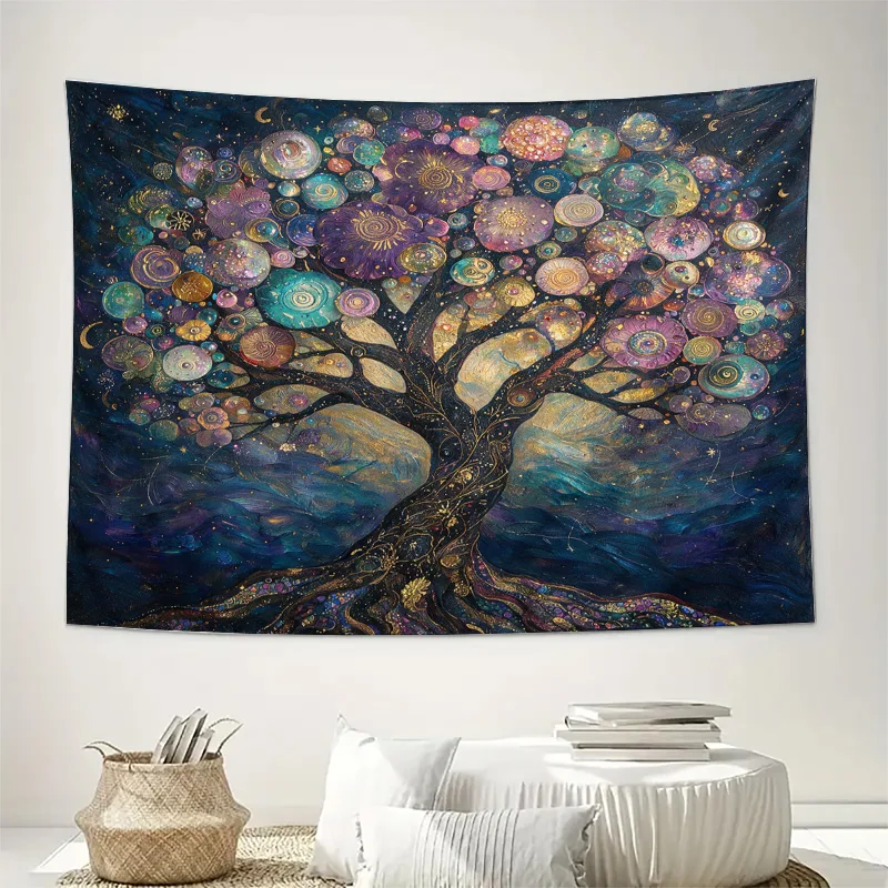 Luxurious Cosmic Galaxy Tree of Life Window Curtain Tapestry Boho Stellar Night Sky Decoration Curtains for Bedroom Home Decor A