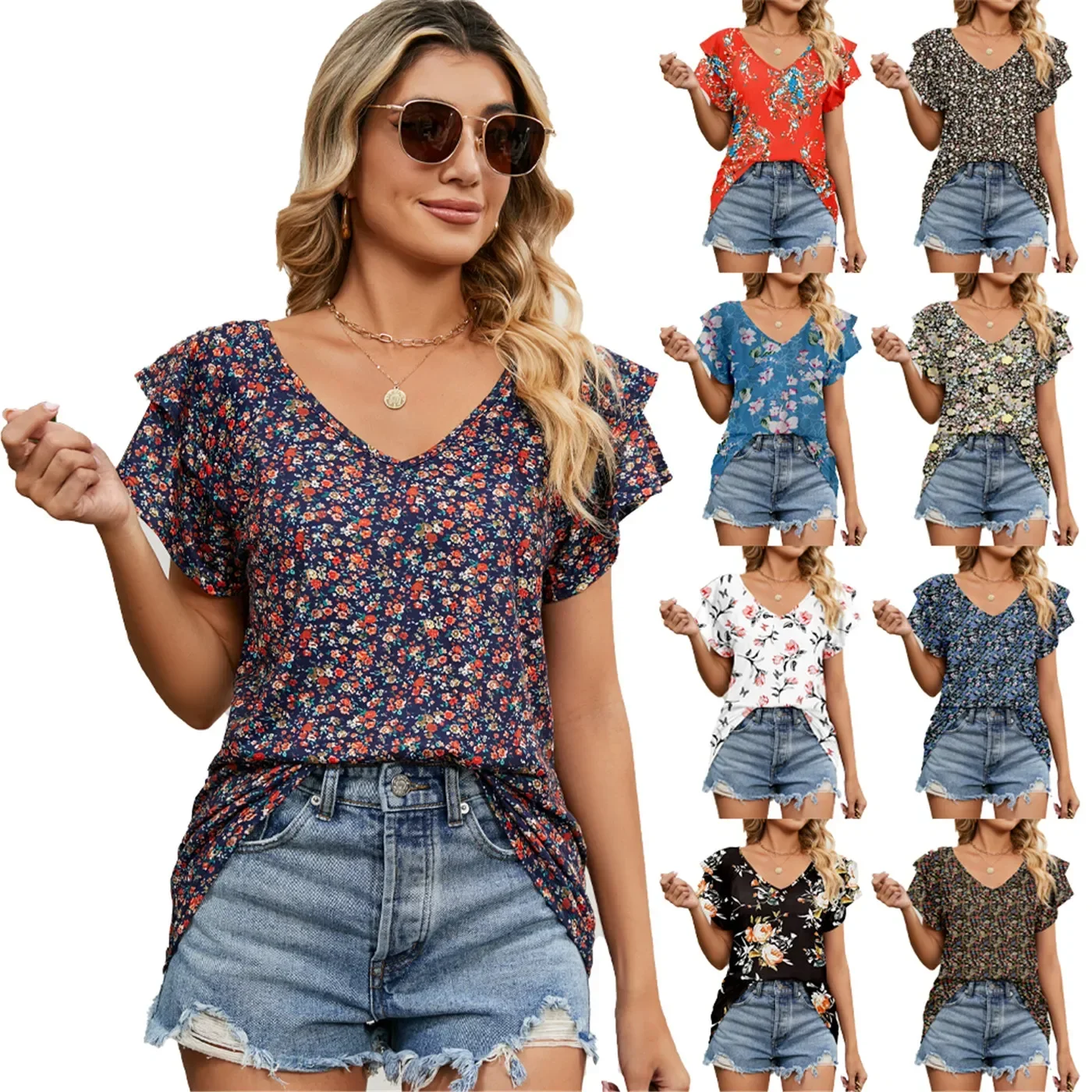 Woman Clothing T-shirt  Women's Floral Tops Tees Cute Chiffon Blouse T Shirt Short Butterfly Sleeve Female Clothes for Women